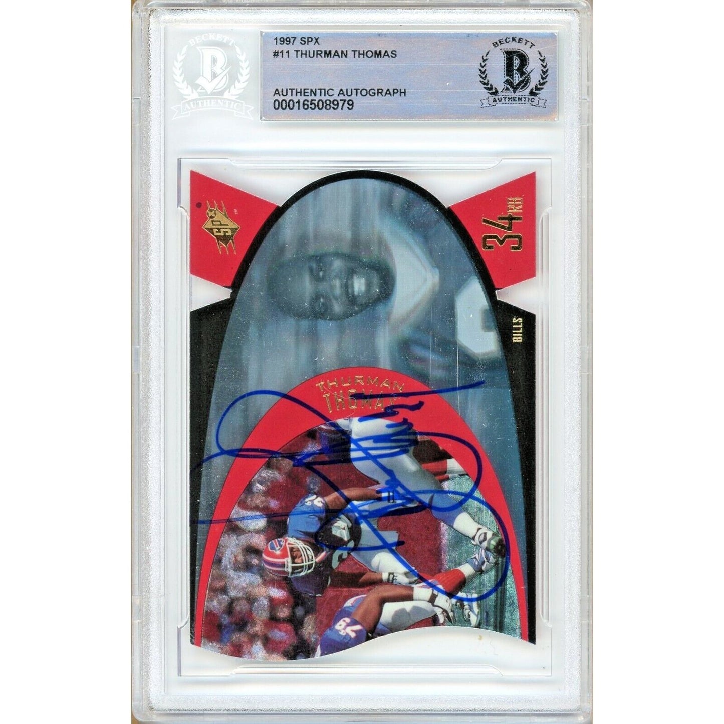 Footballs- Autographed- Thurman Thomas Buffalo Bills Signed 1996 Upper Deck SPx Trading Card Beckett Authenticated Auto Slab Front