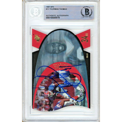 Footballs- Autographed- Thurman Thomas Buffalo Bills Signed 1996 Upper Deck SPx Trading Card Beckett Authenticated Auto Slab Front