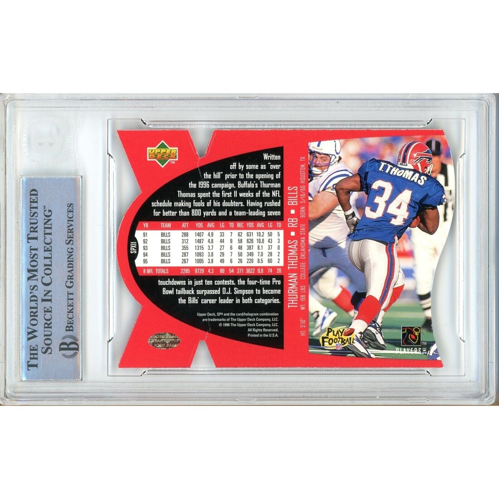 Footballs- Autographed- Thurman Thomas Buffalo Bills Signed 1996 Upper Deck SPx Trading Card Beckett Authentic Auto Slab Back