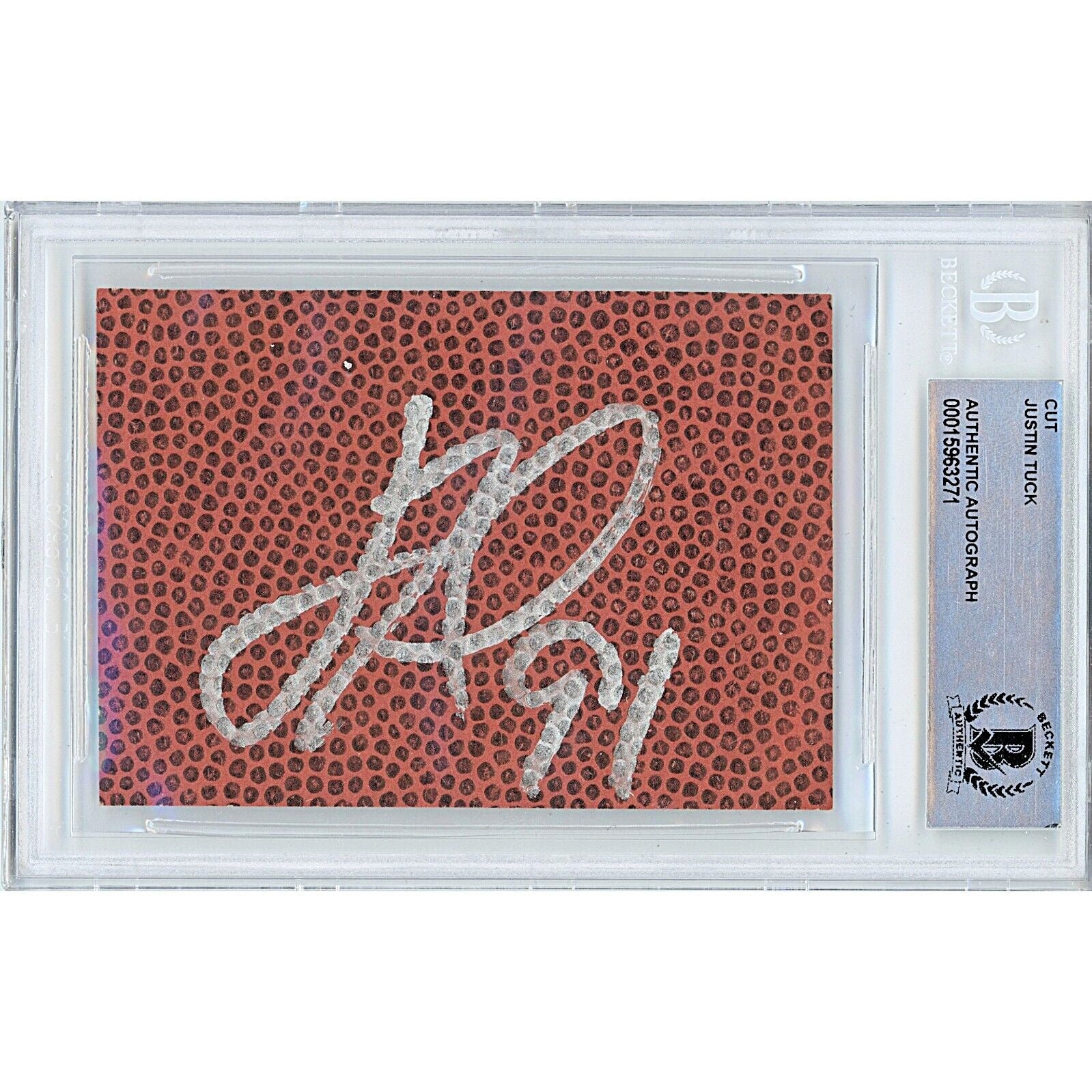 Footballs- Autographed- Justin Tuck New York Giants Signed Football Signature Cut Beckett Authentic Auto Slab Front