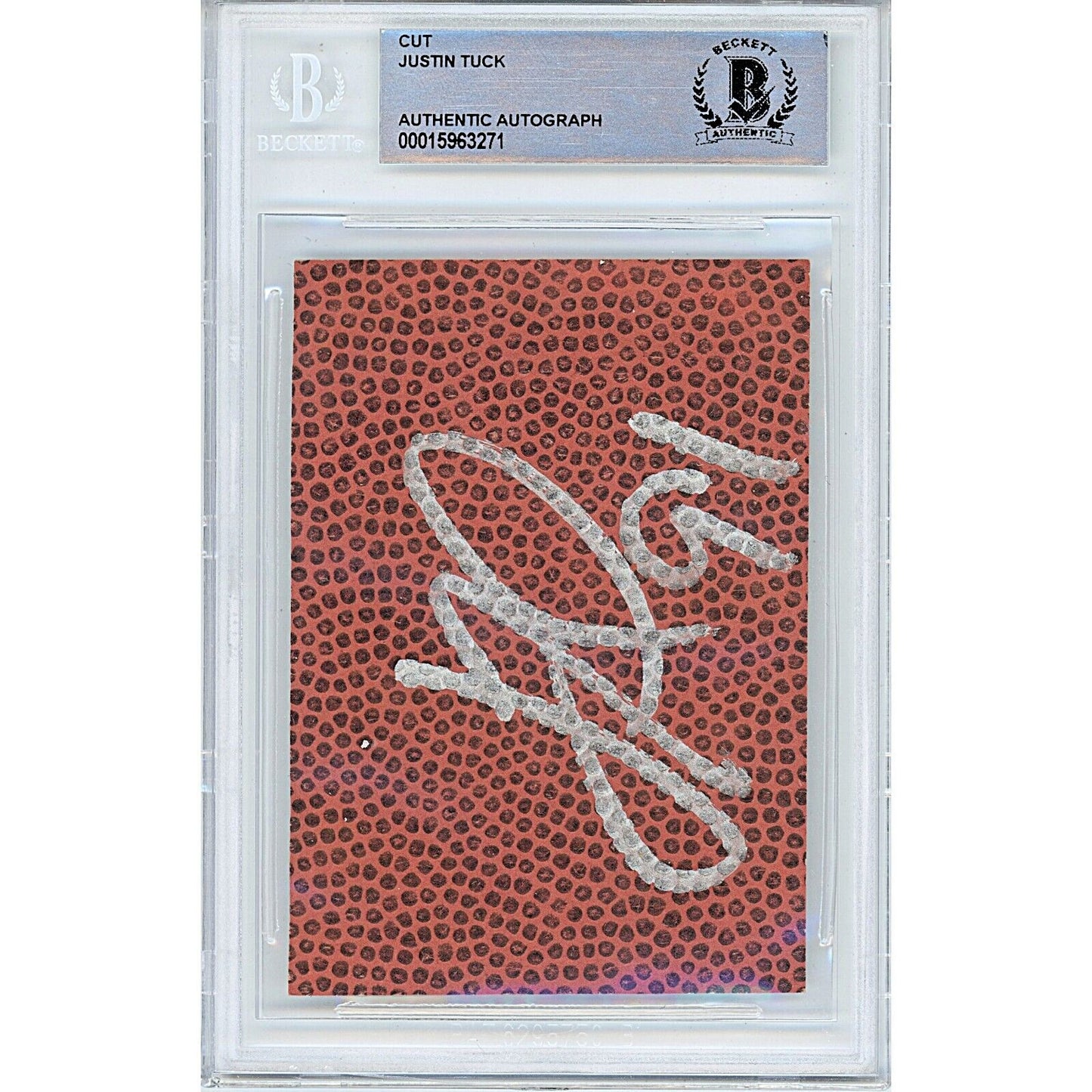 Footballs- Autographed- Justin Tuck Las Vegas Raiders Signed Football Signature Cut Beckett Authentic Auto Slab Front