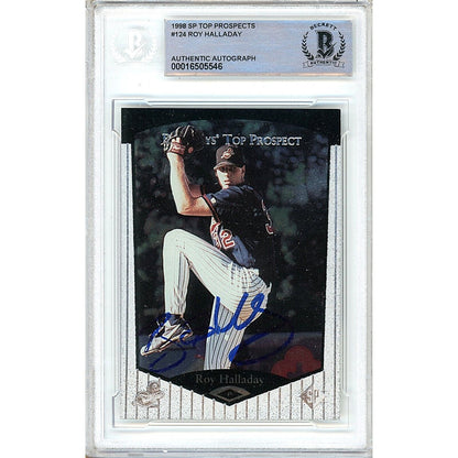 Baseballs- Autographed- Roy Halladay Toronto Blue Jays Signed 1998 SP Top Prospects Rookie Trading Card Beckett Authentic Auto Slab Front