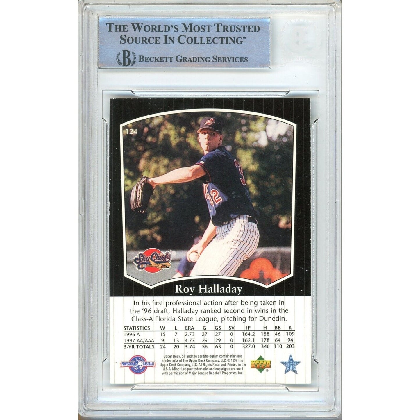 Baseballs- Autographed- Roy Halladay Toronto Blue Jays Signed 1998 SP Top Prospects Rookie Trading Card Beckett Authentic Auto Slab Back