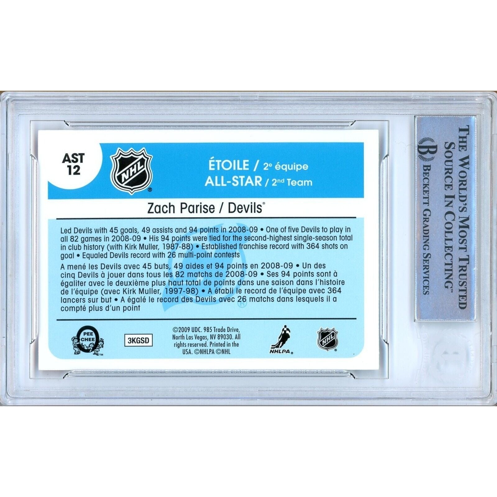 Zach Parise New Jersey Devils auto trading card – authentication sticker – Beckett COA
