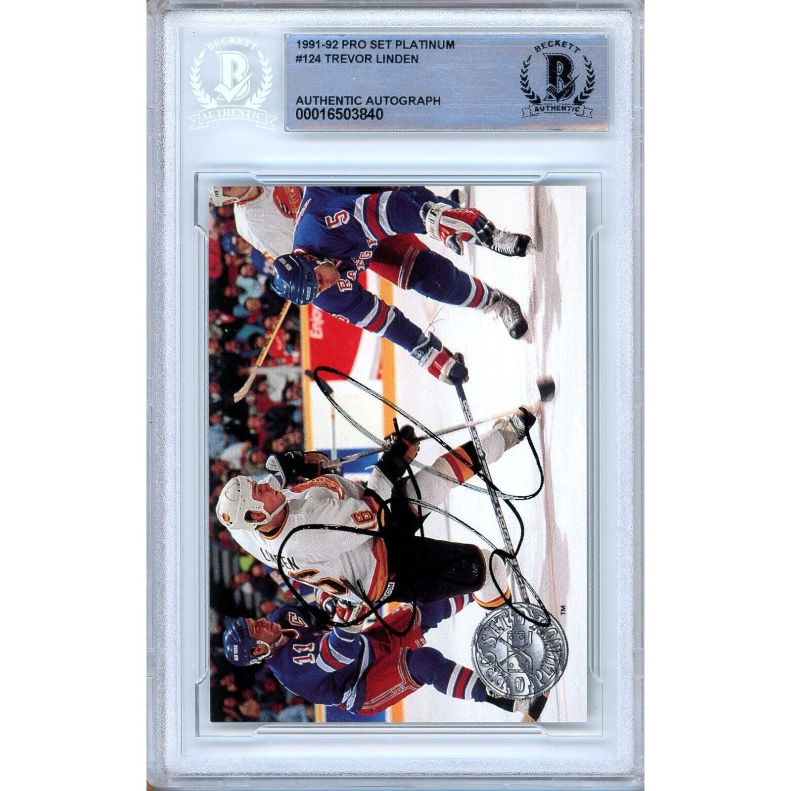 Hockey- Autographed- Trevor Linden Vancouver Canucks Signed 1991-92 Pro Set Platinum Trading Card Beckett Authenticated Auto Slab Front