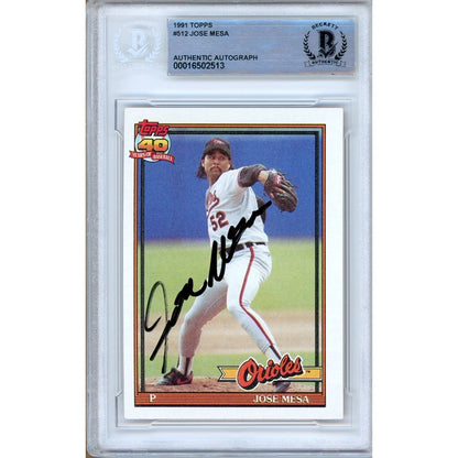 Baseballs- Autographed- Jose Mesa Baltimore Orioles Signed 1991 Topps Baseball Card Beckett Authentic Auto Slab Front