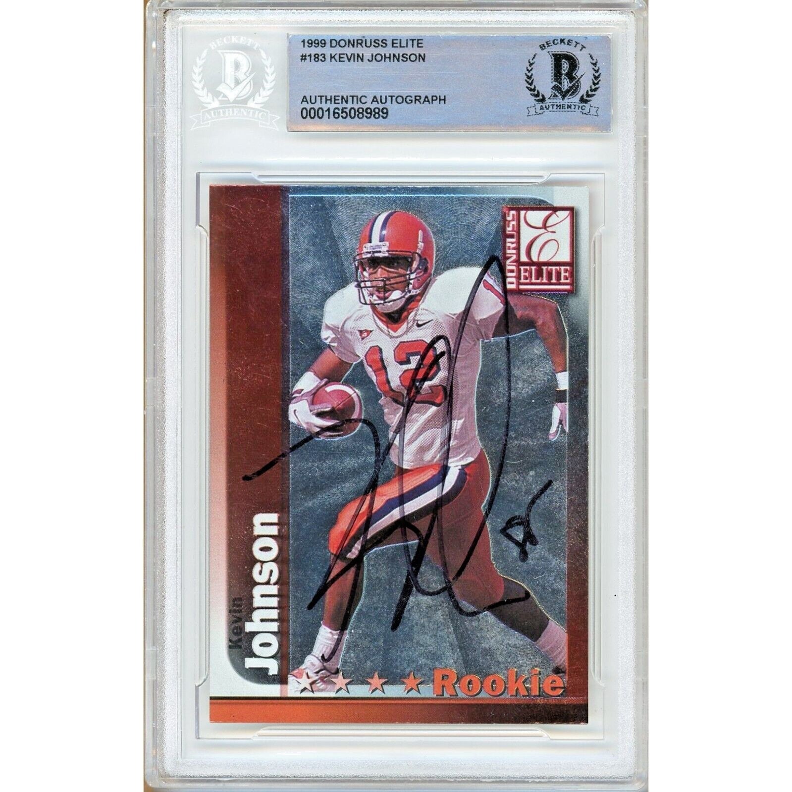 Footballs- Autographed- Kevin Johnson Cleveland Browns Signed 1999 Donruss Elite Football Card Beckett Authentic Auto Slab Front