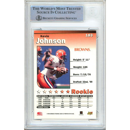 Footballs- Autographed- Kevin Johnson Cleveland Browns Signed 1999 Donruss Elite Football Card Beckett Authentic Auto Slab Back