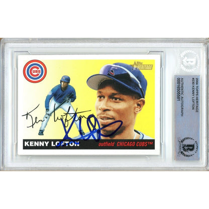 Baseballs- Autographed- Kenny Lofton Chicago Cubs Signed 2004 Topps Heritage Baseball Card Beckett Authentic Auto Slab Front