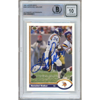 Footballs- Autographed- Herschel Walker Minnesota Vikings Signed 1991 Upper Deck Football Card Beckett Authentic BGS Auto-10 Graded Slab Front