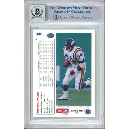 Footballs- Autographed- Herschel Walker Minnesota Vikings Signed 1991 Upper Deck Football Card Beckett Authentic BGS Auto-10 Graded Slab Back