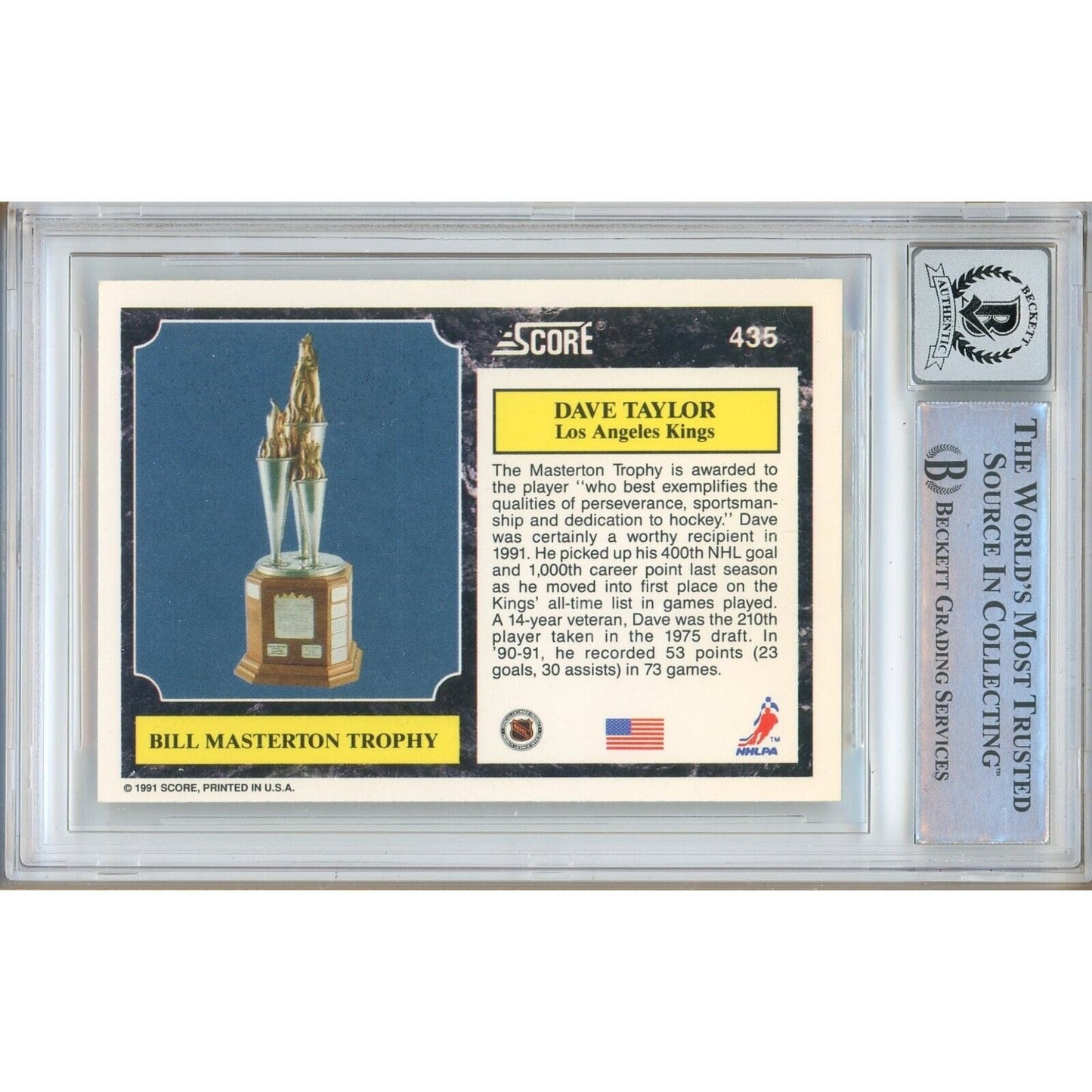 Hockey- Autographed- Dave Taylor Los Angeles Kings Signed 1991-92 Score American Hockey Card Beckett Authentic BGS Auto-10 Graded Slab Back