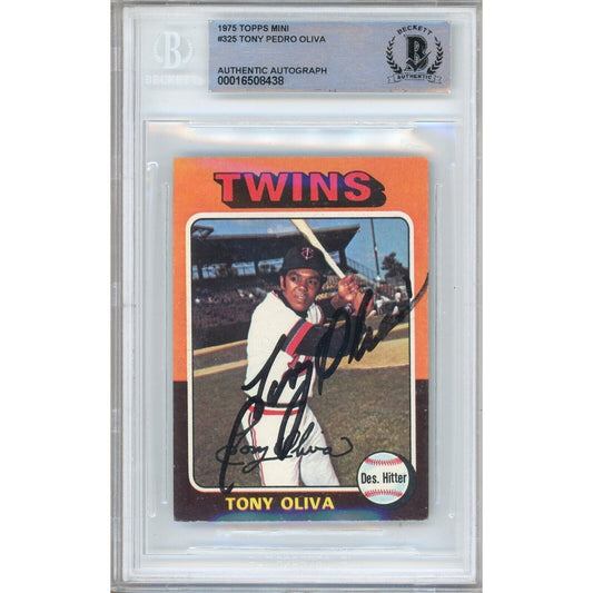 Baseballs- Autographed- Tony Oliva Minnesota Twins Signed 1975 Topps Mini Trading Card Beckett Authentic Auto Slab Front