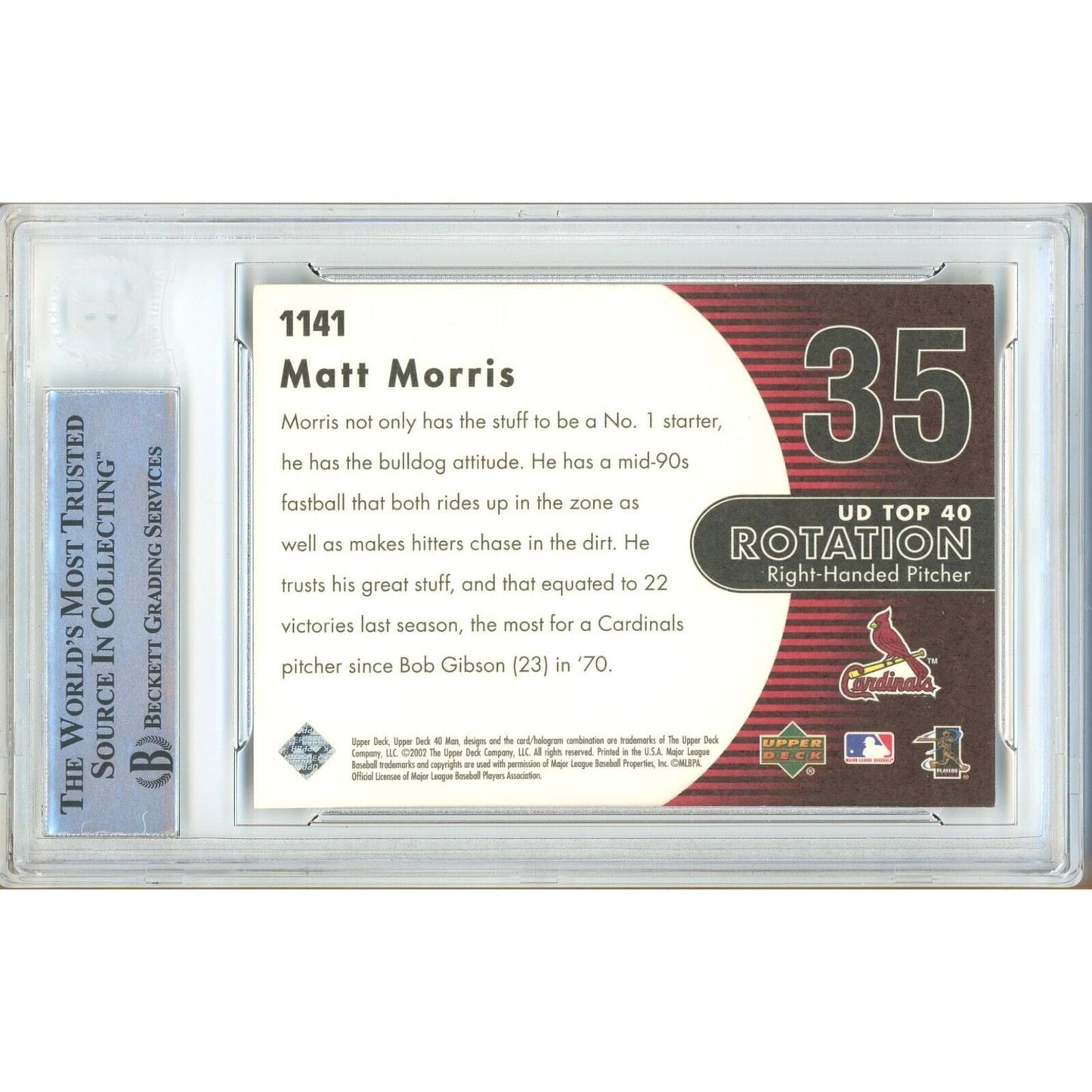 Baseballs- Autographed- Matt Morris St Louis Cardinals Signed 2002 Upper Deck 40 Man Baseball Card Beckett Authentic Auto Slab Back