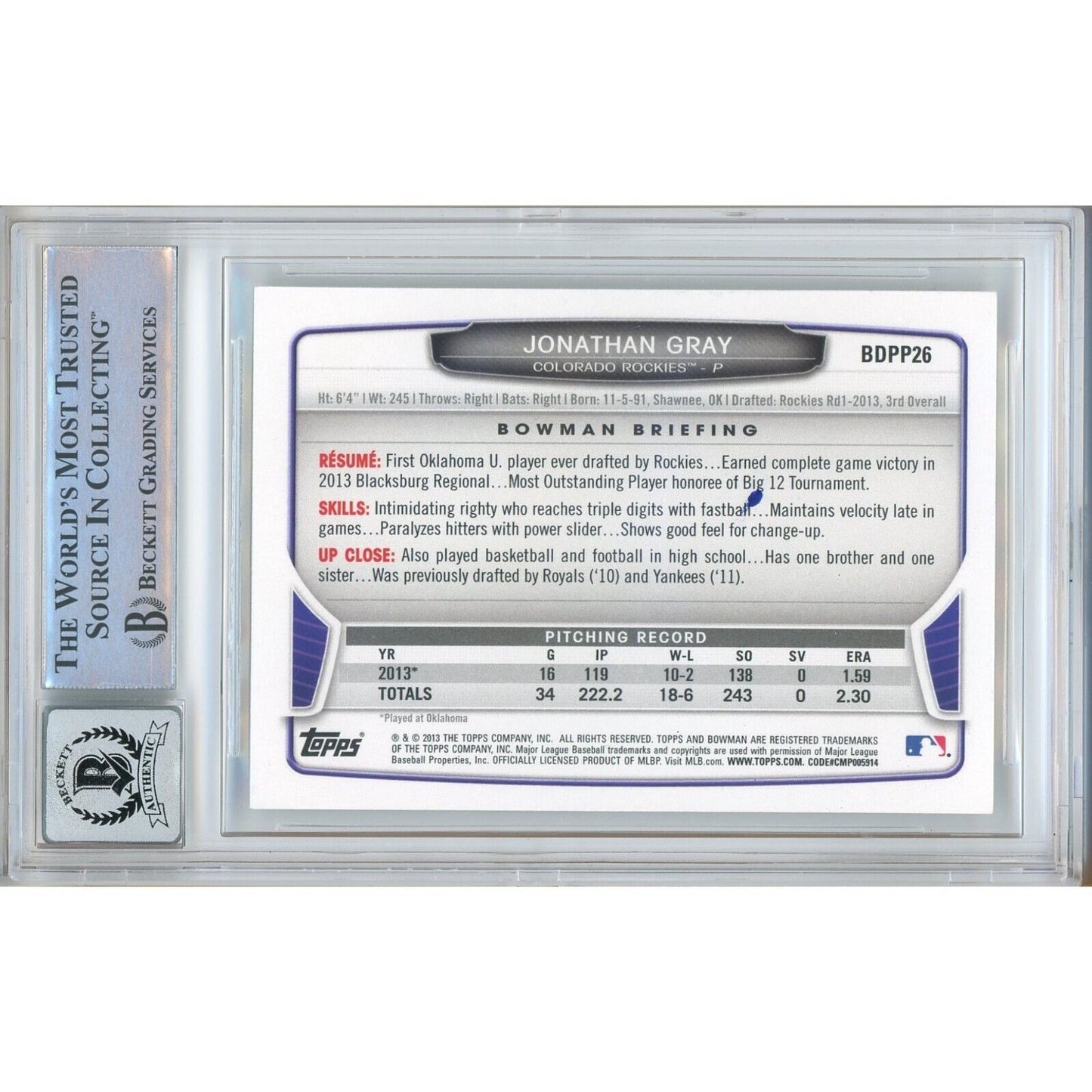 Baseballs- Autographed- Jon Gray Colorado Rockies Signed 2013 Bowman Draft Picks Rookie Baseball Card Beckett Authentic Auto Slab Back