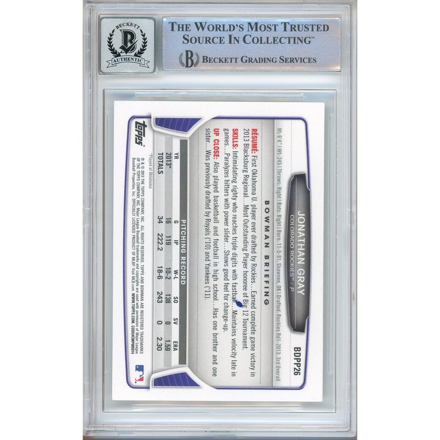 Baseballs- Autographed- Jon Gray Colorado Rockies Signed 2013 Bowman Draft Picks Rookie Baseball Card Beckett Authenticated Auto Slab Back