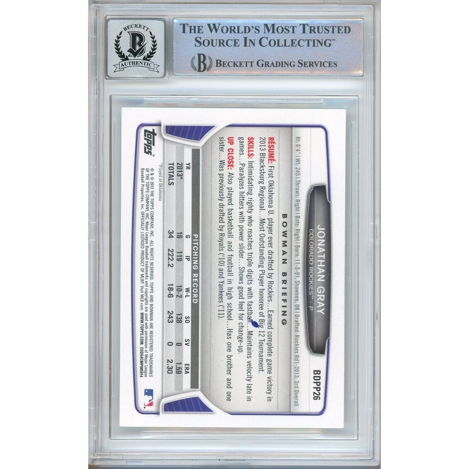 Jon Gray Colorado Rockies auto trading card – authentication sticker – Beckett COA