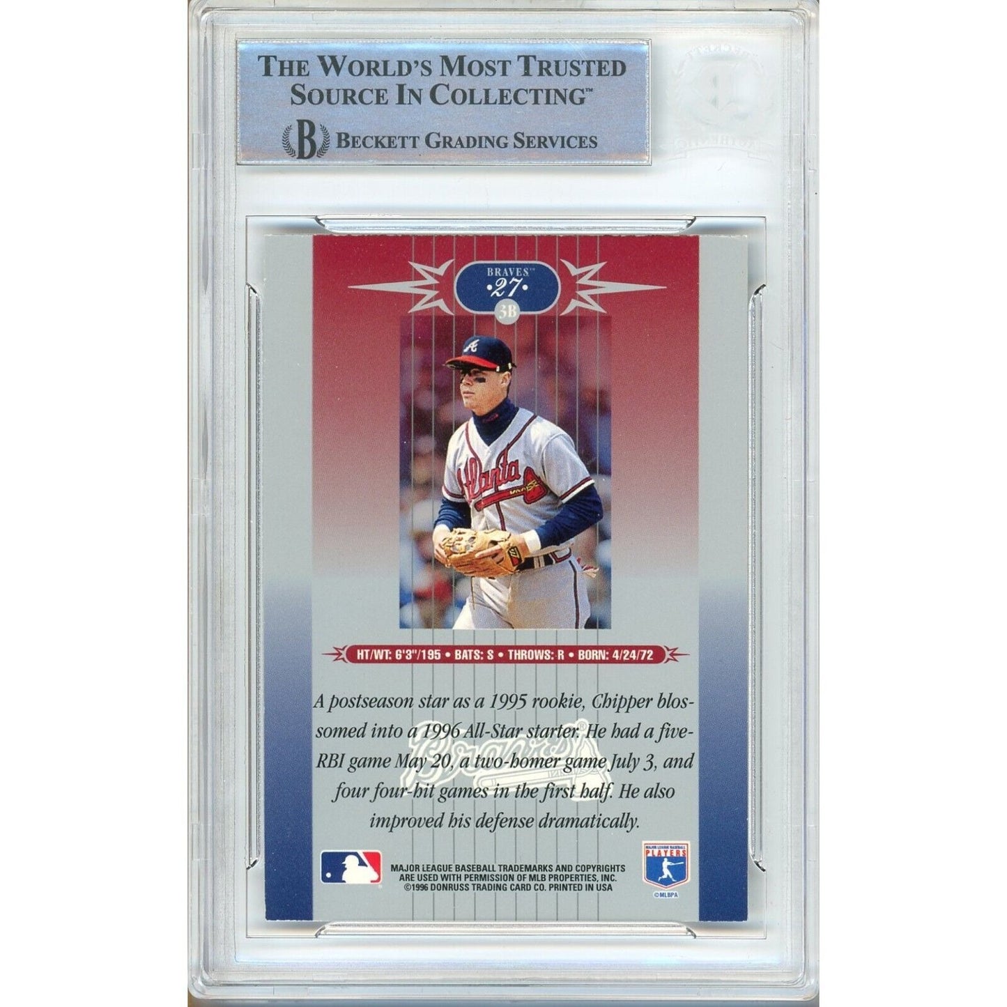 Baseballs- Autographed- Chipper Jones Atlanta Braves Signed 1996 Leaf Limited Baseball Card Beckett Authentic Auto Slab Back