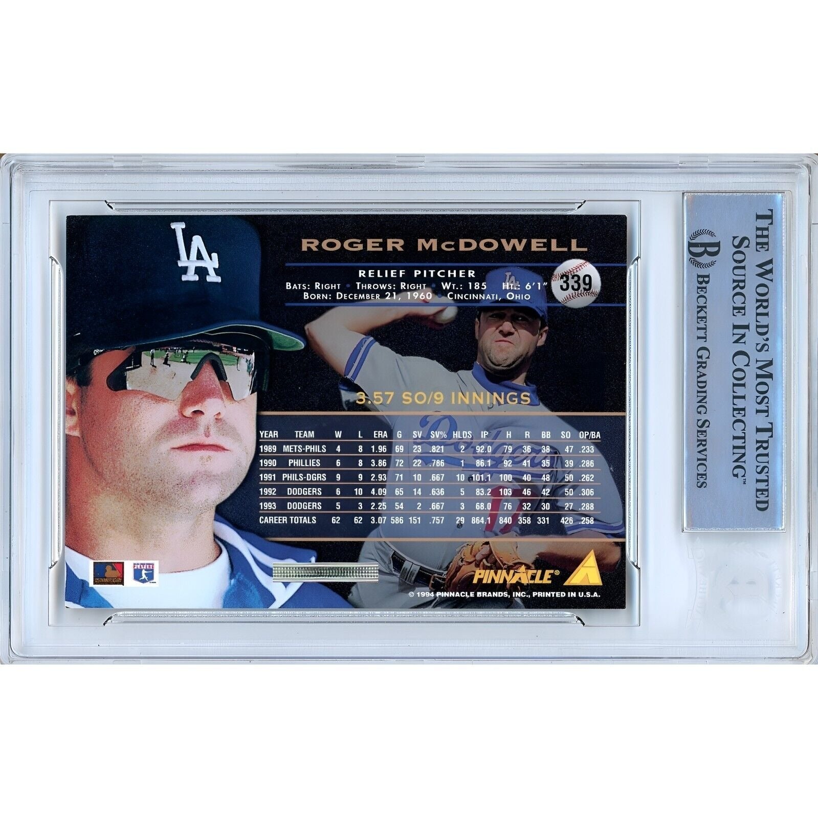 Baseballs- Autographed- Roger McDowell Los Angeles Dodgers Signed 1994 Pinnacle Trading Card Beckett Authentic Auto Slab Back