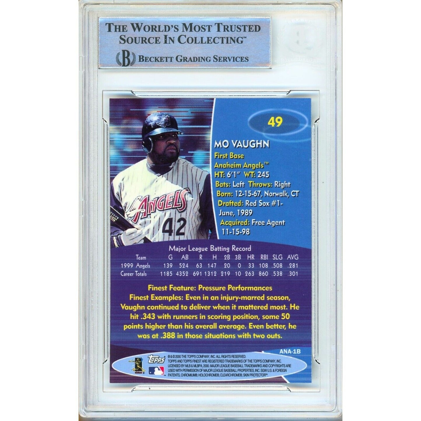 Baseballs- Autographed- Mo Vaughn Anaheim Angels Autographed 2000 Topps Finest Baseball Card Beckett Authentic Auto Slab Back