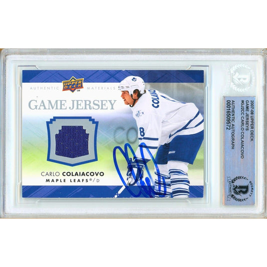 Hockey- Autographed- Carlo Colaiacovo Toronto Maple Leafs Signed 2007-08 Upper Deck Game Jersey Hockey Card Beckett Authenticated Auto Slab Front