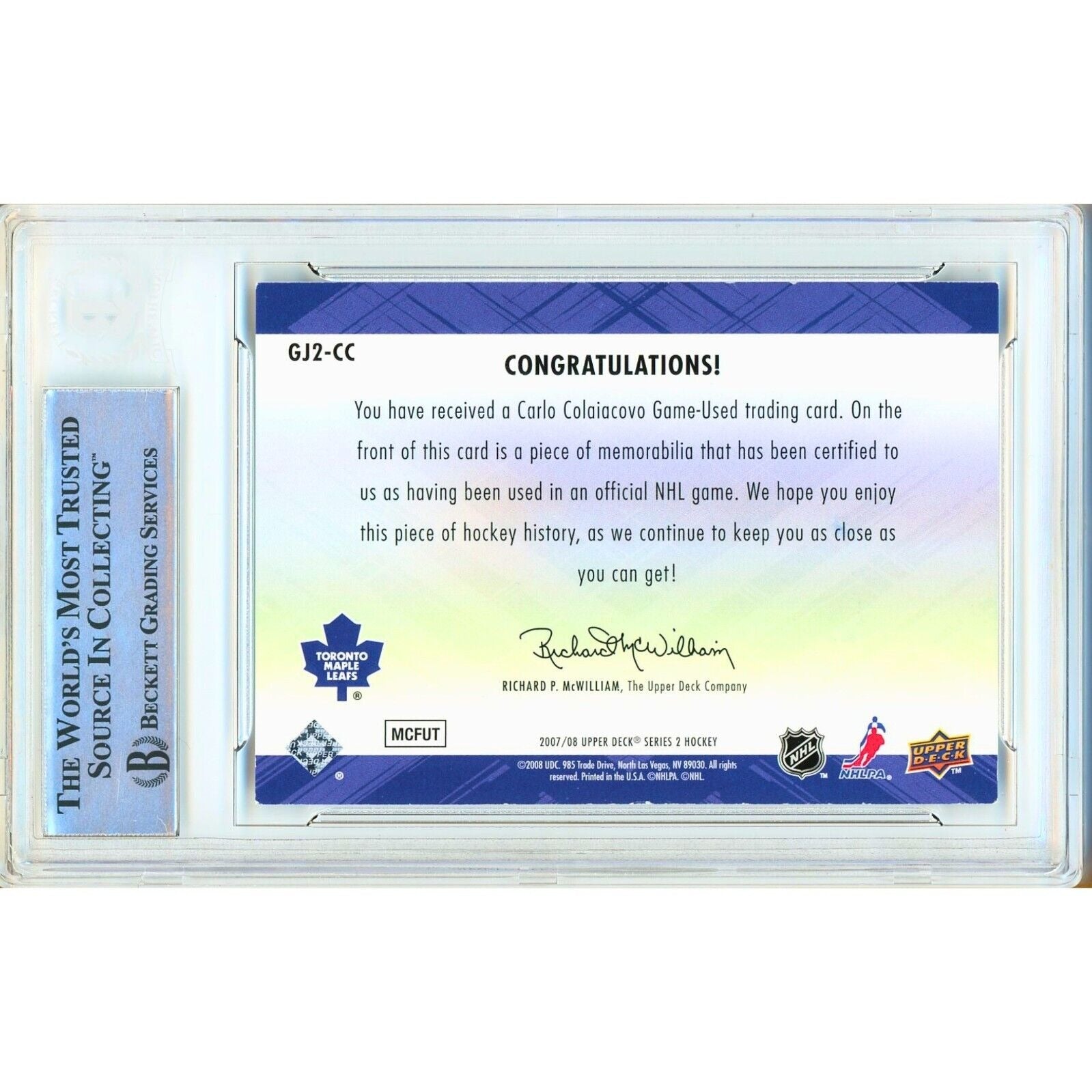 2007 Upper Deck Carlo Colaiacovo Toronto Maple Leafs Autograph Trading Card – Beckett BAS