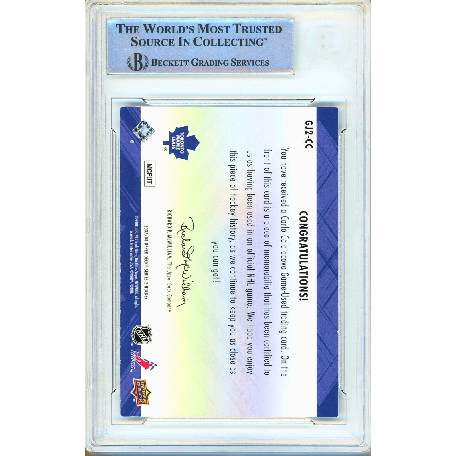 2007 Upper Deck Carlo Colaiacovo Toronto Maple Leafs Auto Trading Card – Beckett BAS
