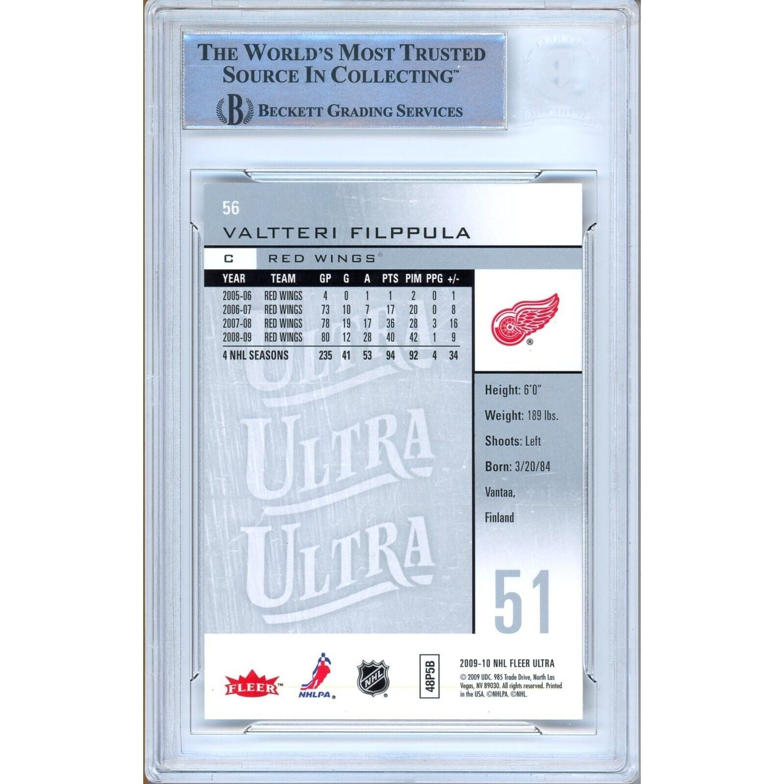 Hockey- Autographed- Valtteri Filppula Detroit Red Wings Signed 2009-10 Fleer Ultra Trading Card Beckett Authentic Auto Slab Back