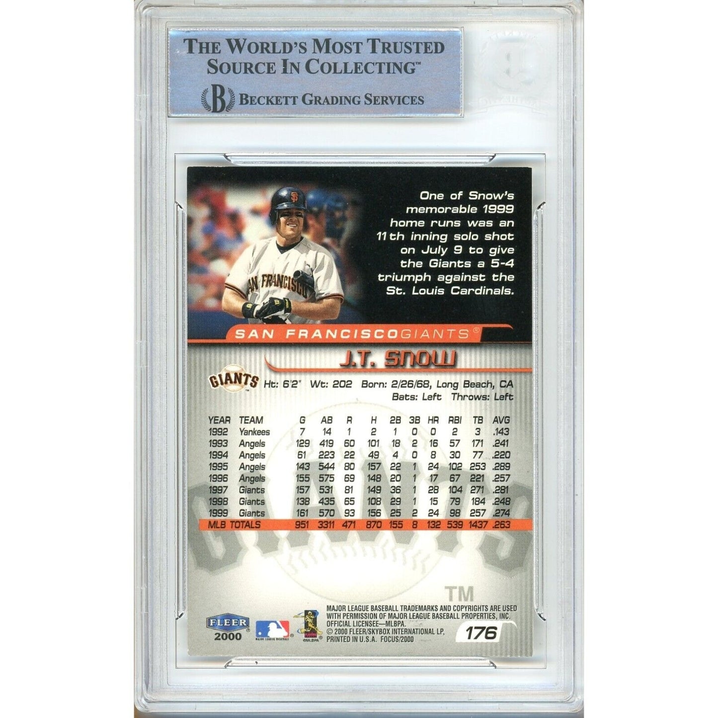 Baseballs- Autographed- JT Snow San Francisco Giants Signed 2000 Fleer Focus Baseball Card Beckett Authentic Auto Slab Back