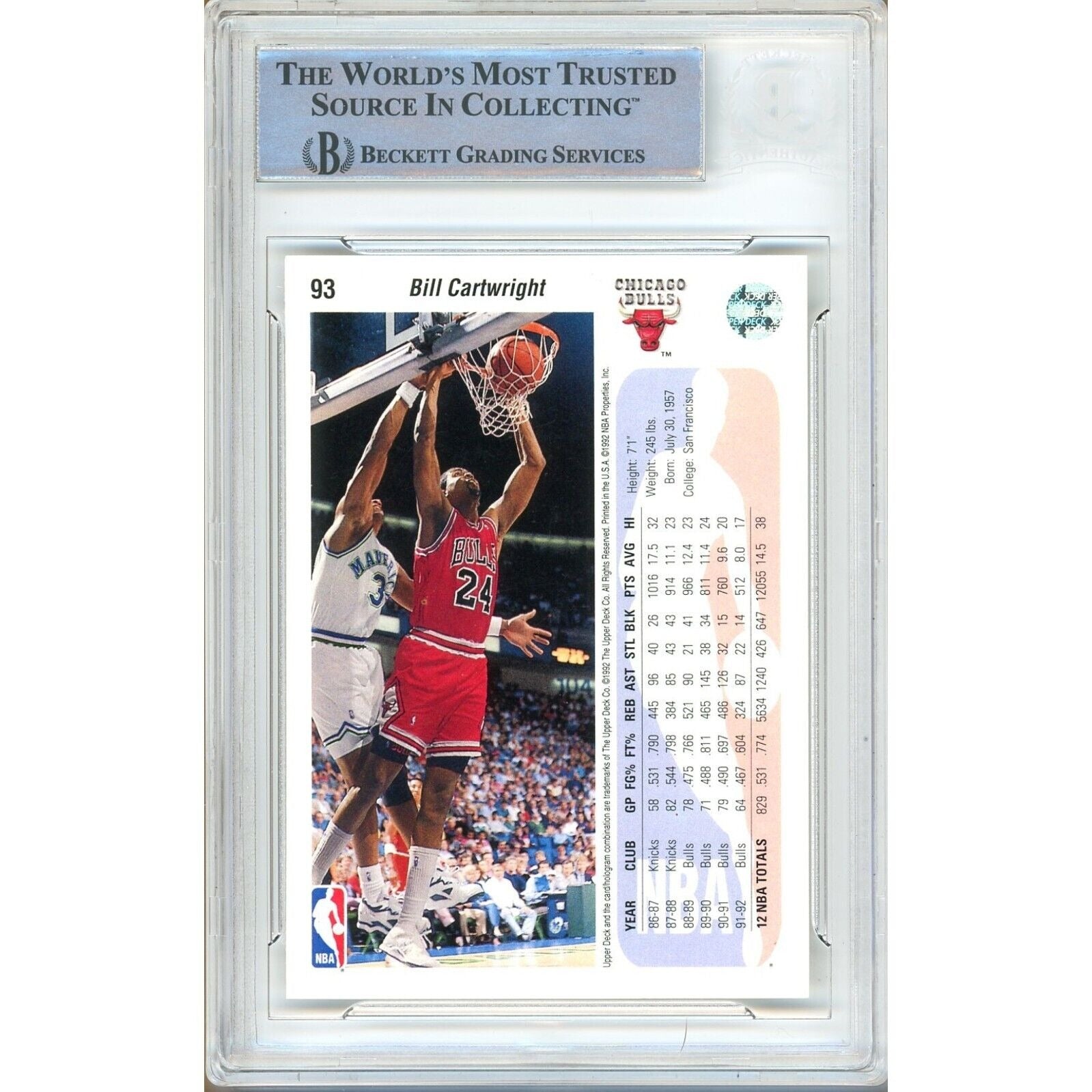 Basketballs- Autographed- Bill Cartwright Chicago Bulls Signed 1992-93 Upper Deck Basketball Card Beckett Authentic Auto Slab Back