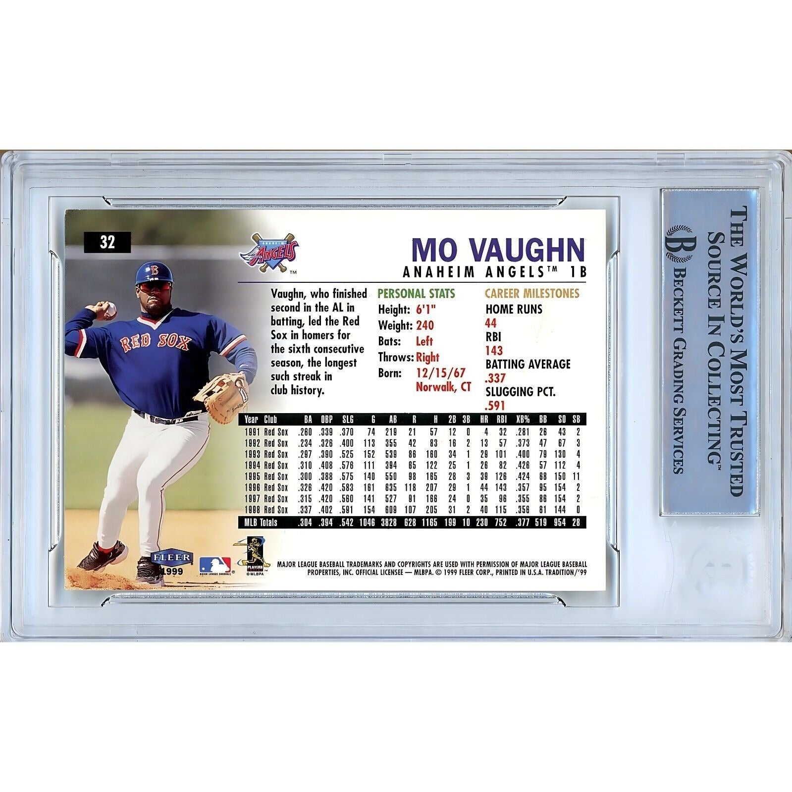 Baseballs- Autographed- Mo Vaughn Boston Red Sox Signed 1999 Fleer Tradition Baseball Card Beckett Authentic Auto Slab Back