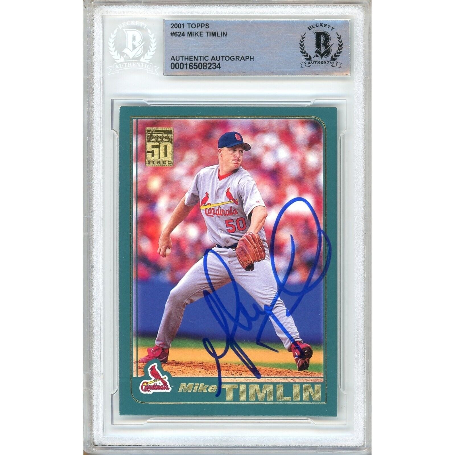 Baseballs- Autographed- Mike Timlin St Louis Cardinals Signed 2001 Topps Baseball Card Beckett Authentic Auto Slab Front