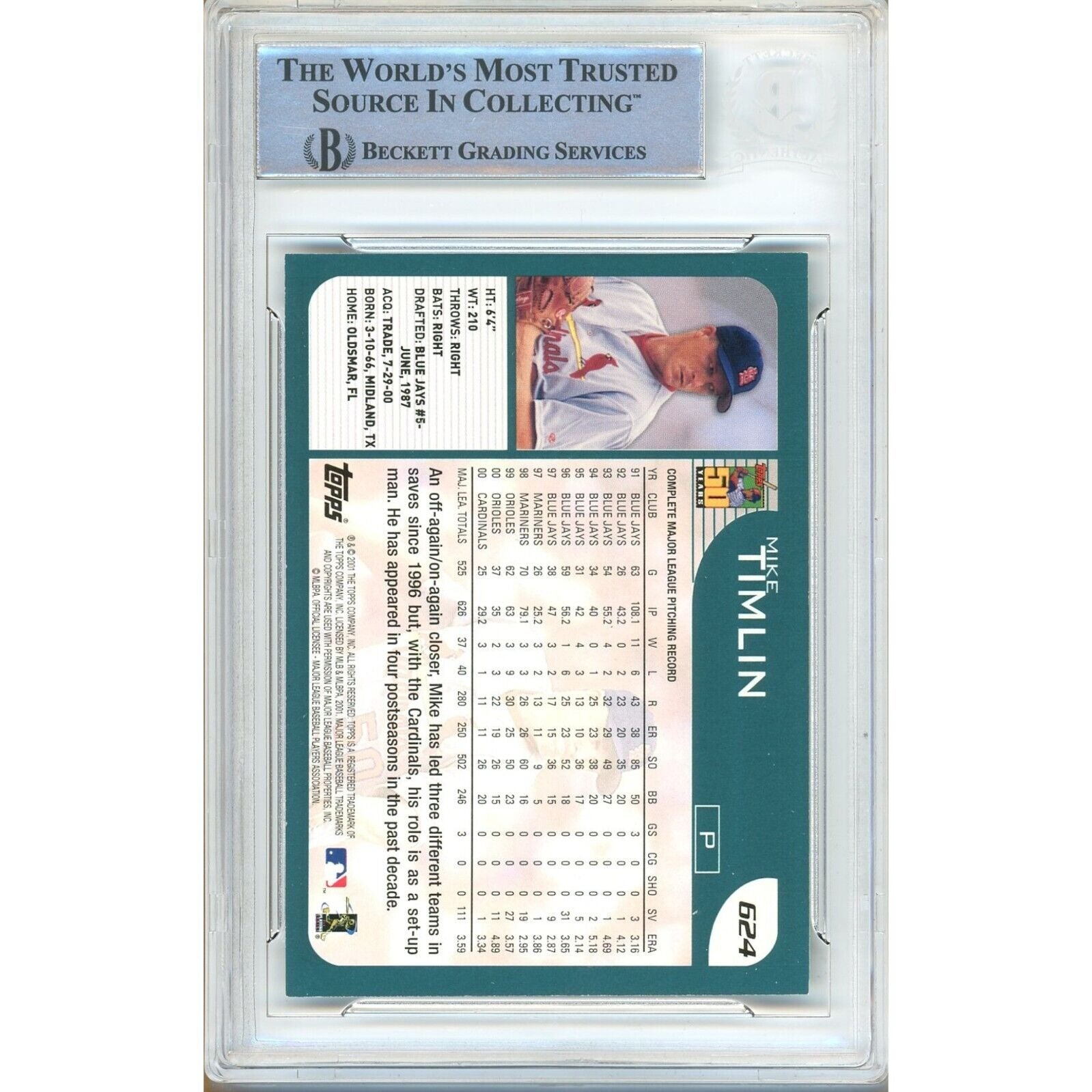 Baseballs- Autographed- Mike Timlin St Louis Cardinals Signed 2001 Topps Baseball Card Beckett Authenticated Auto Slab Back