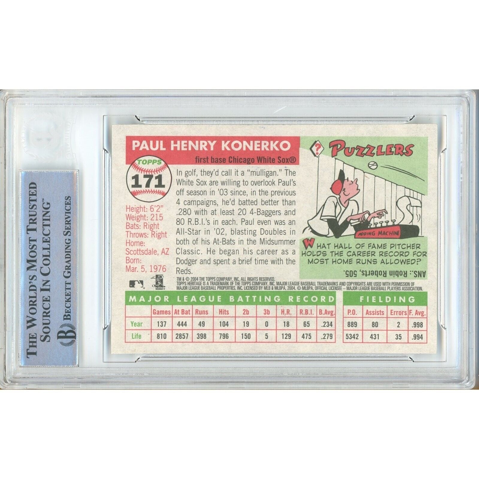 Baseballs- Autographed- Paul Konerko Chicago White Sox Signed 2004 Topps Heritage Baseball Card Beckett Authentic Auto Slab Back