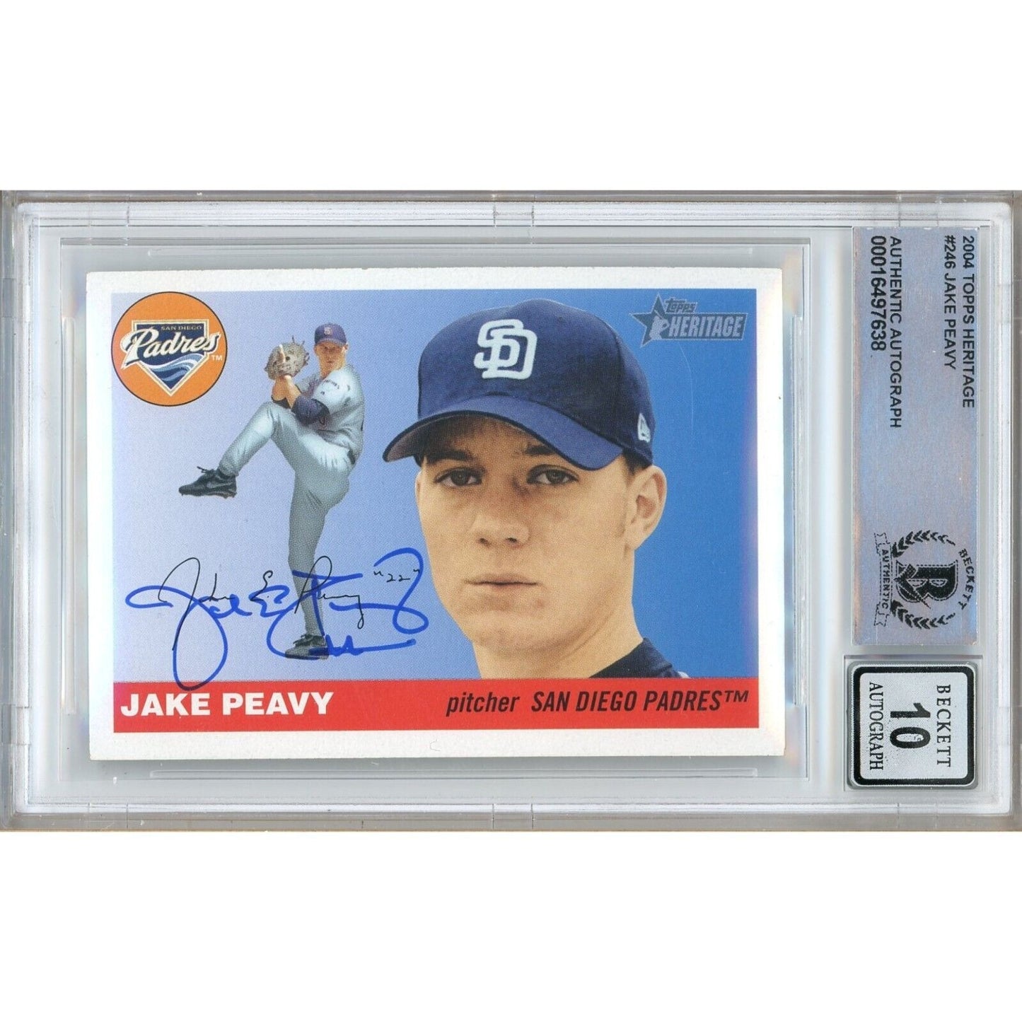 Baseballs- Autographed- Jake Peavy San Diego Padres Signed 2004 Topps Heritage Baseball Card Beckett Authentic BGS Auto-10 Graded Slab Front