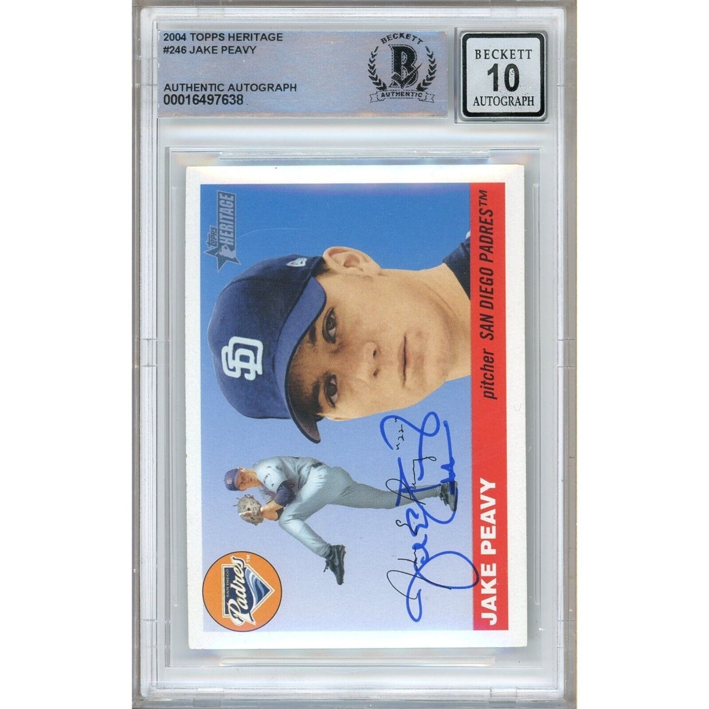 Baseballs- Autographed- Jake Peavy SD Padres Signed 2004 Topps Heritage Baseball Card Beckett Authenticated BGS Auto-10 Graded Slab Front