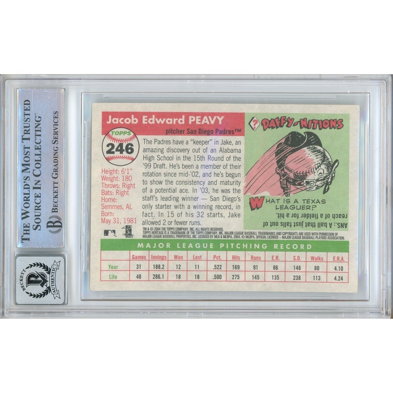 Jake Peavy San Diego Padres auto trading card – authentication sticker – Beckett COA