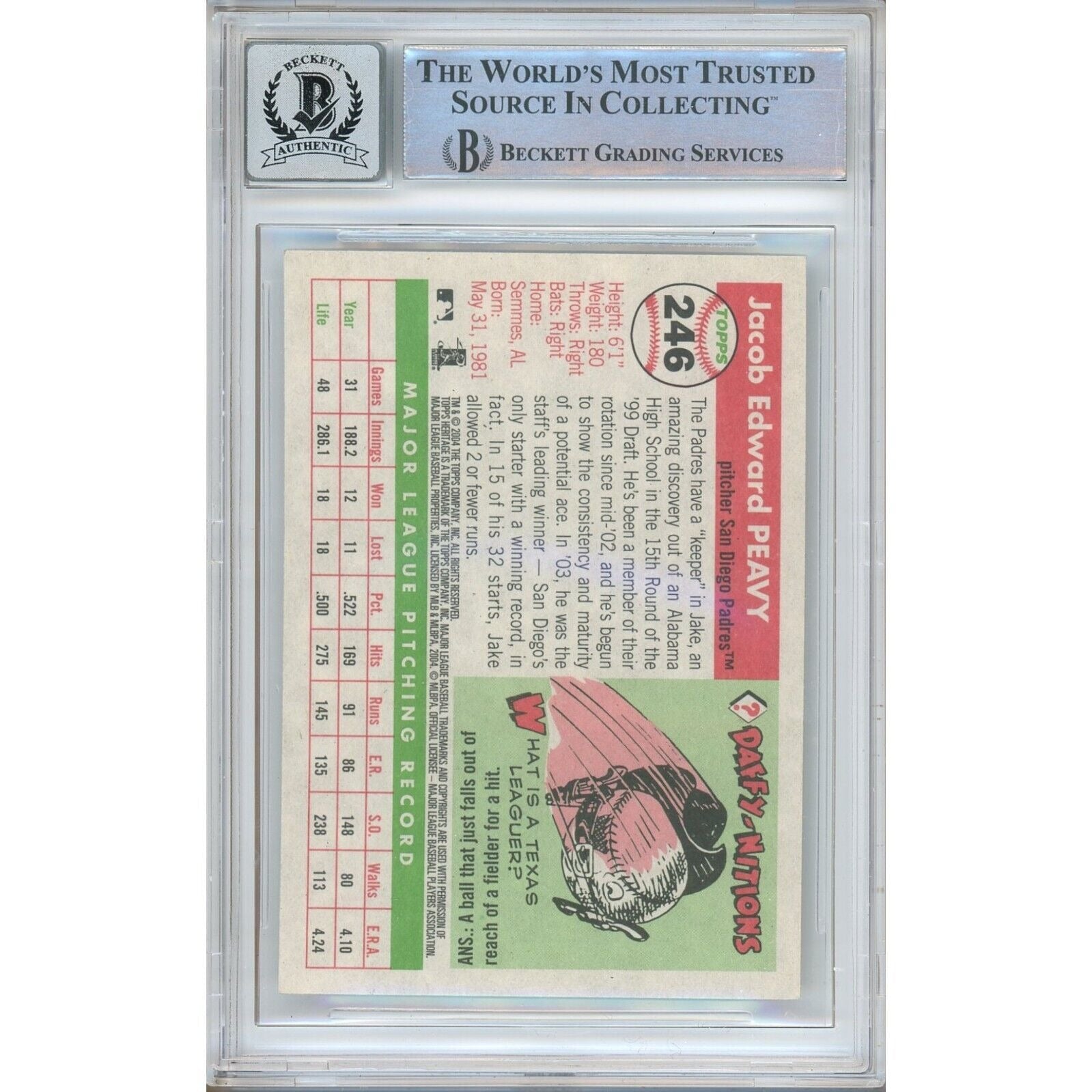 Baseballs- Autographed- Jake Peavy San Diego Padres Signed 2004 Topps Heritage Baseball Card Beckett Authenticated BGS Auto-10 Graded Slab Back