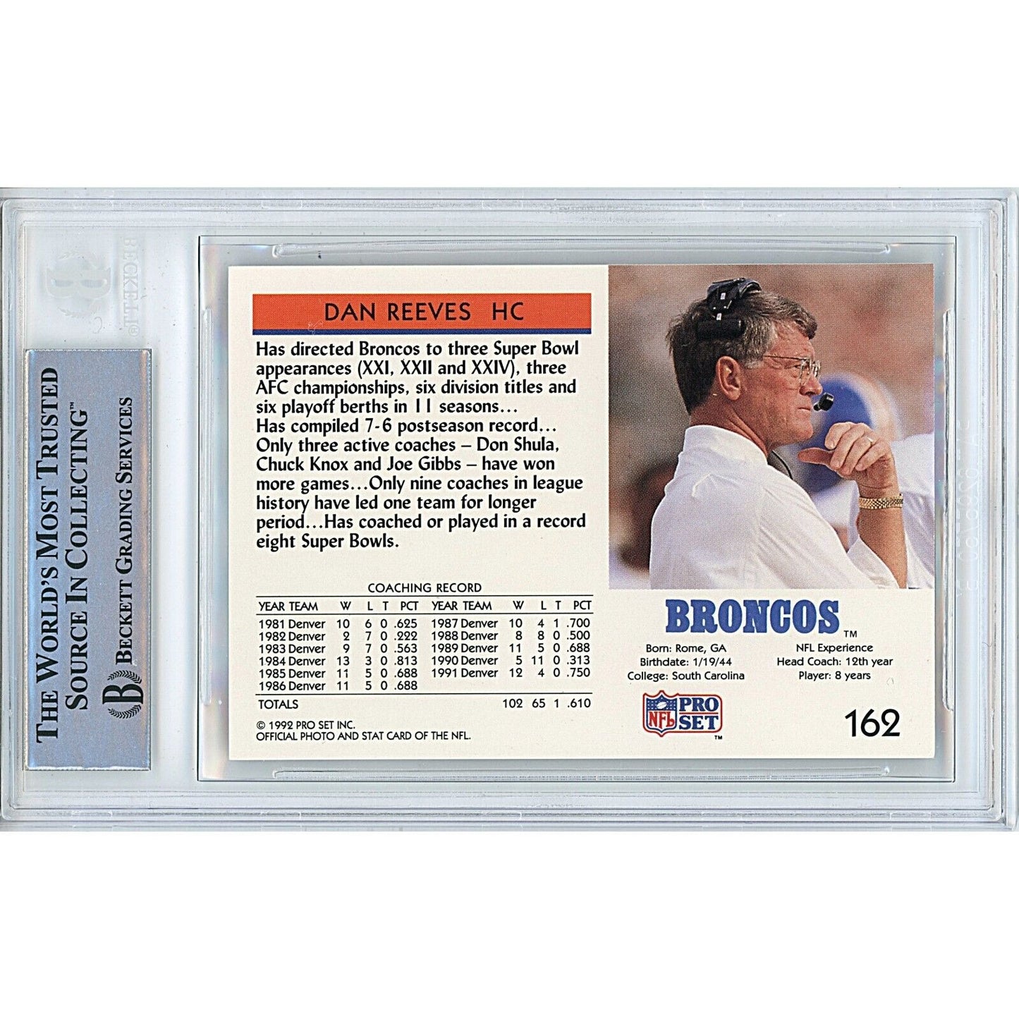 Footballs- Autographed- Dan Reeves Signed Denver Broncos 1992 Pro Set Football Card Beckett Authentic Auto Slab Back