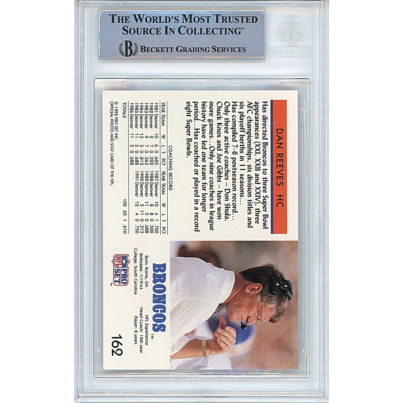 1992 Heritage #162 Dan Reeves Denver Broncos Auto Trading Card – Beckett BAS