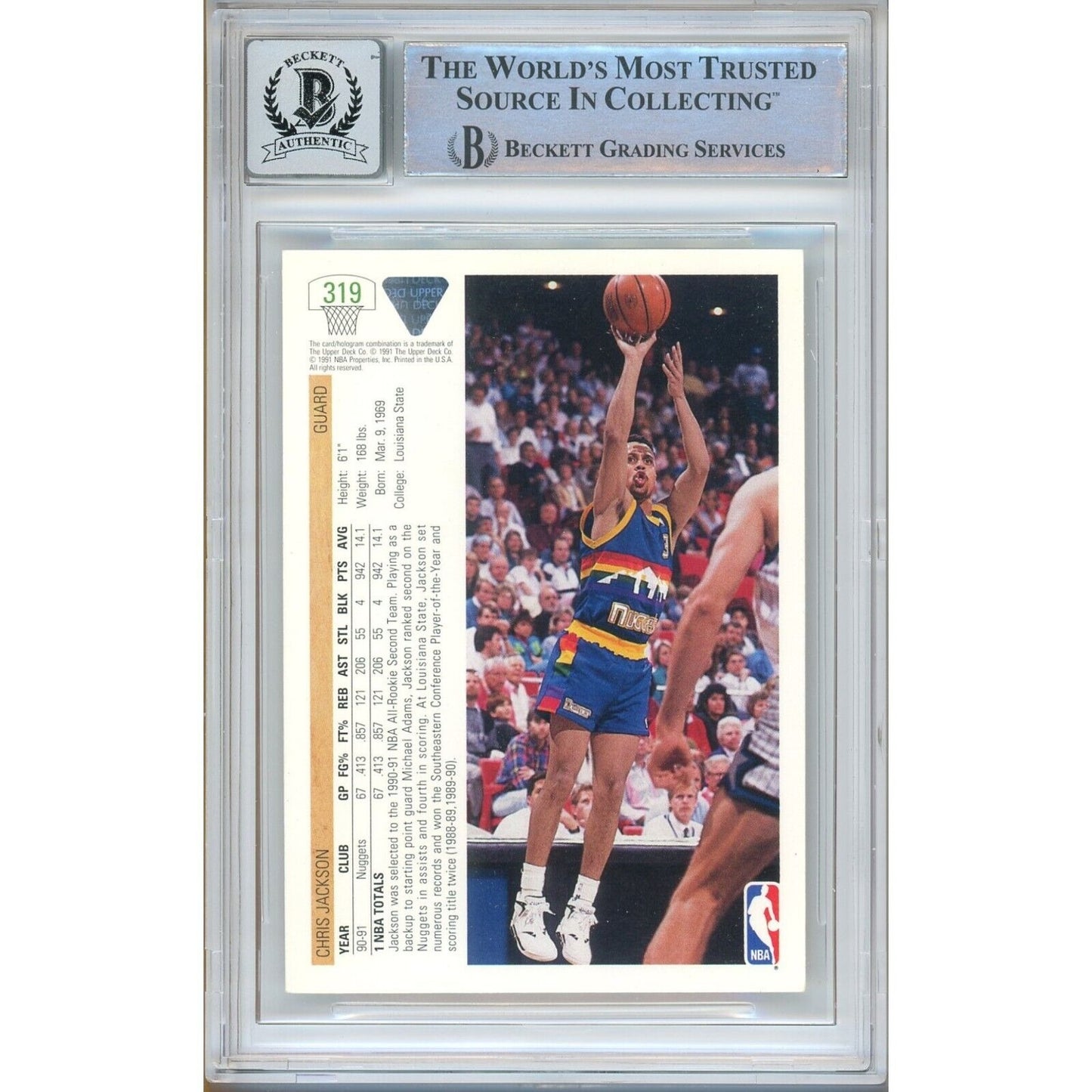 Basketballs- Autographed- Chris Jackson aka Mahmoud Abdul Rauf Denver Nuggets Signed 1991-92 Upper Deck Basketball Card Beckett Authentic BGS Auto-10 Graded Slab Back