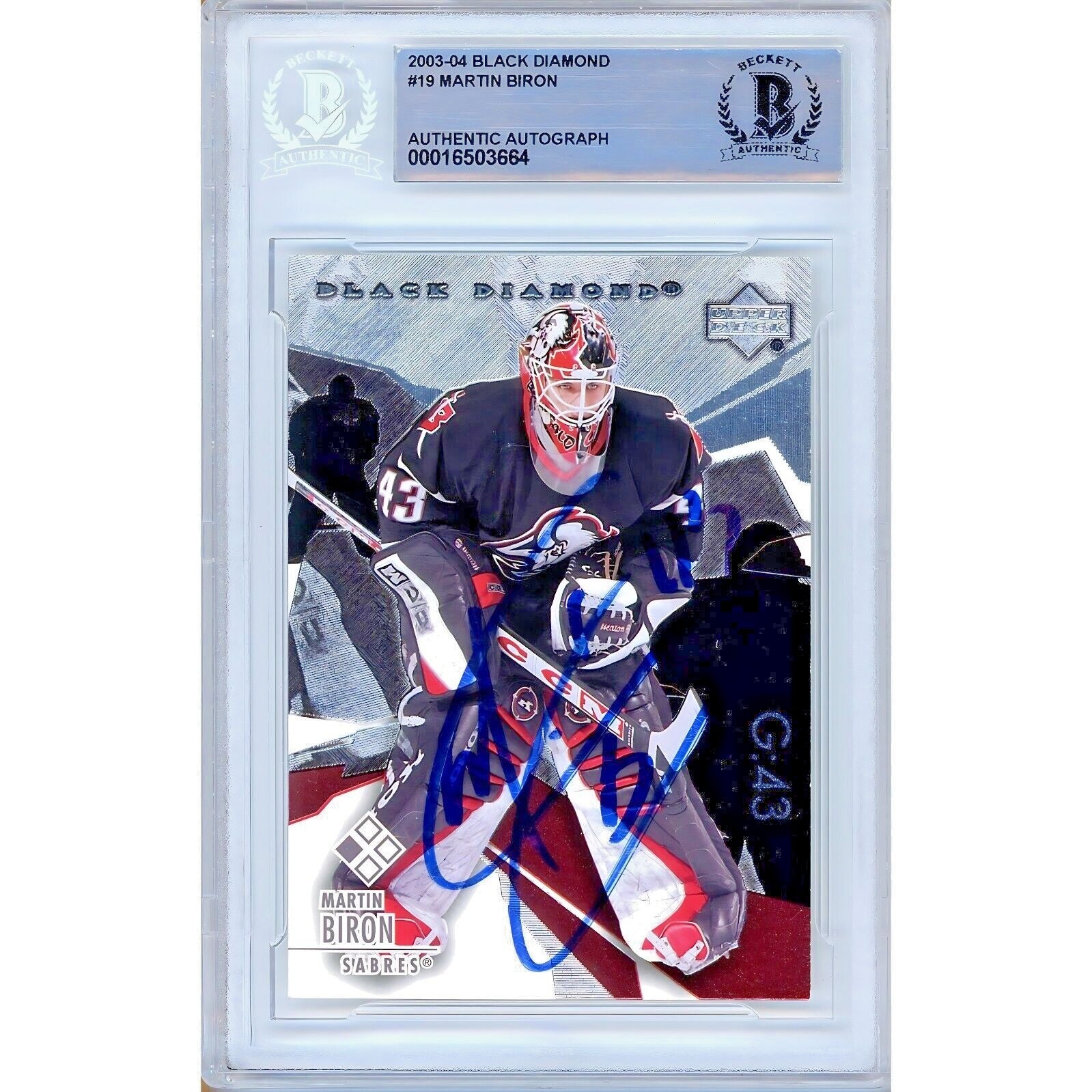 Hockey- Autographed- Martin Biron Buffalo Sabres Signed 2003-04 Upper Deck Black Diamond Hockey Card Beckett Authentic Auto Slab Front