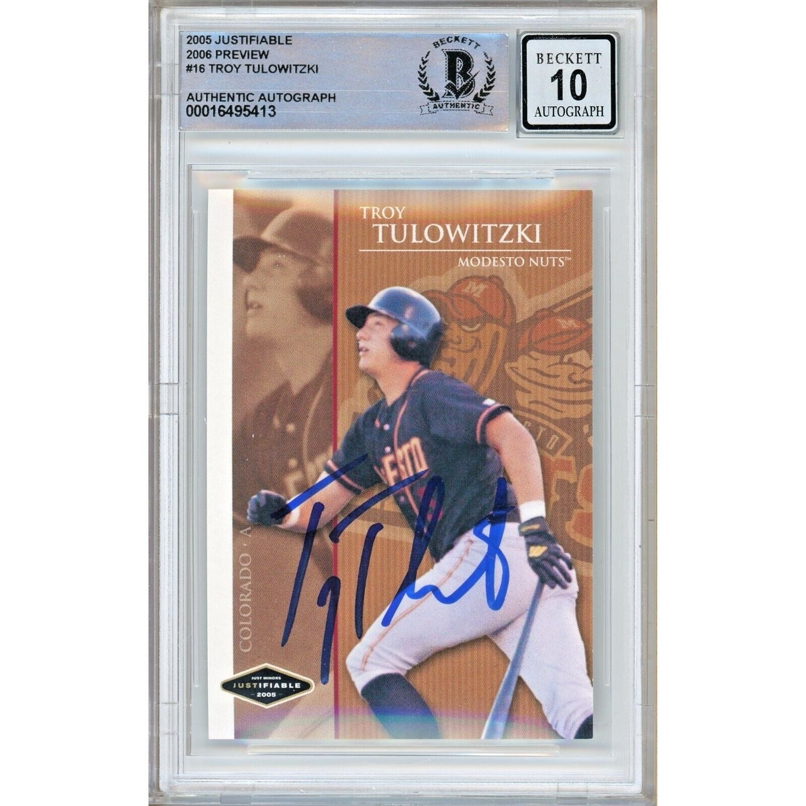 Troy Tulowitzki Colorado Rockies autographed trading card – full view – Beckett COA