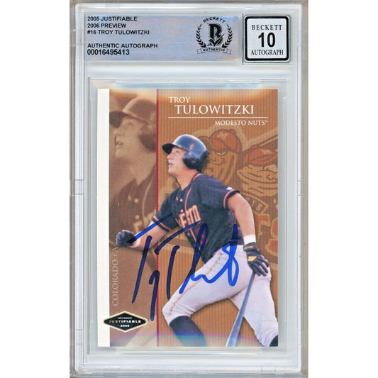 Baseballs- Autographed- Troy Tulowitzki Colorado Rockies Signed 2005 Justifiable 2006 Preview Trading Card Beckett Authentic BGS Auto-10 Graded Slab Front