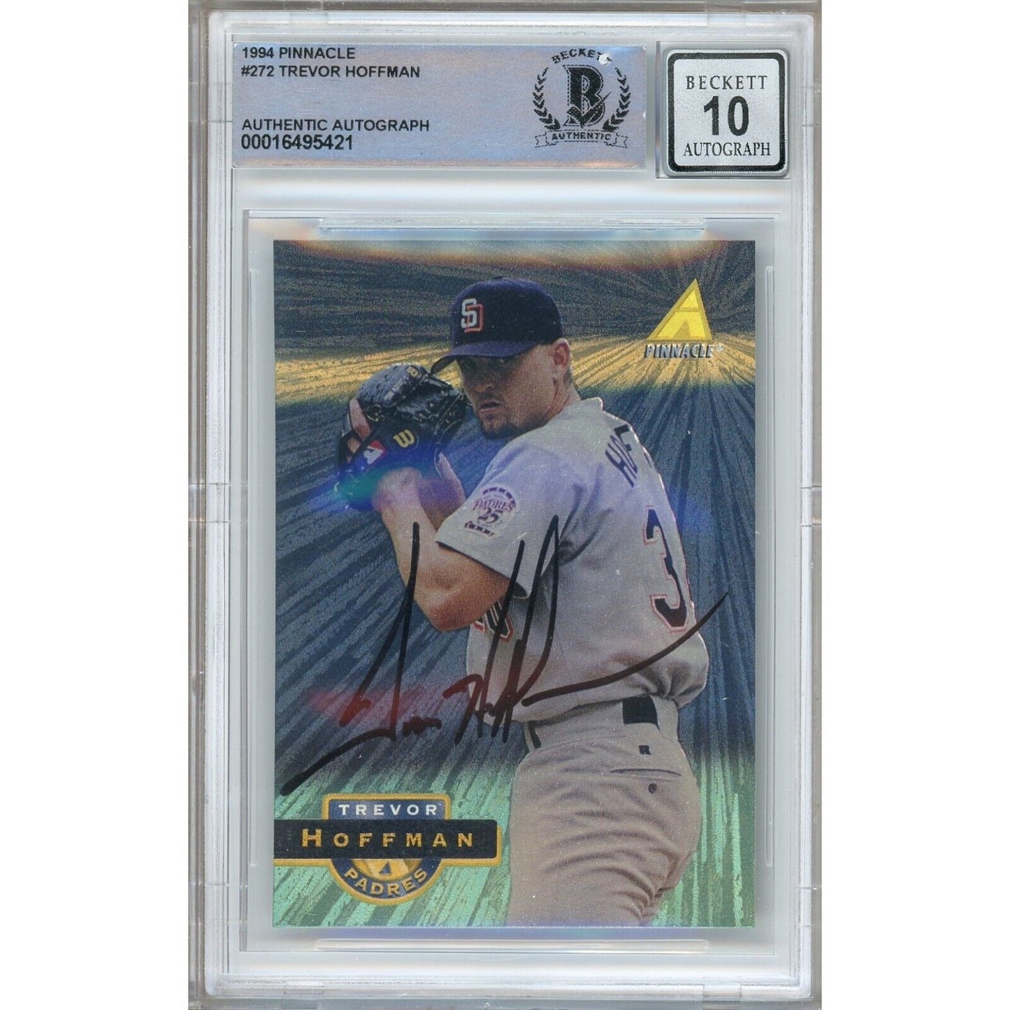 Baseballs- Autographed- Trevor Hoffman San Diego Padres Signed 1994 Pinnacle Museum Collection Trading Card Beckett Authentic BGS Auto-10 Graded Slab Front