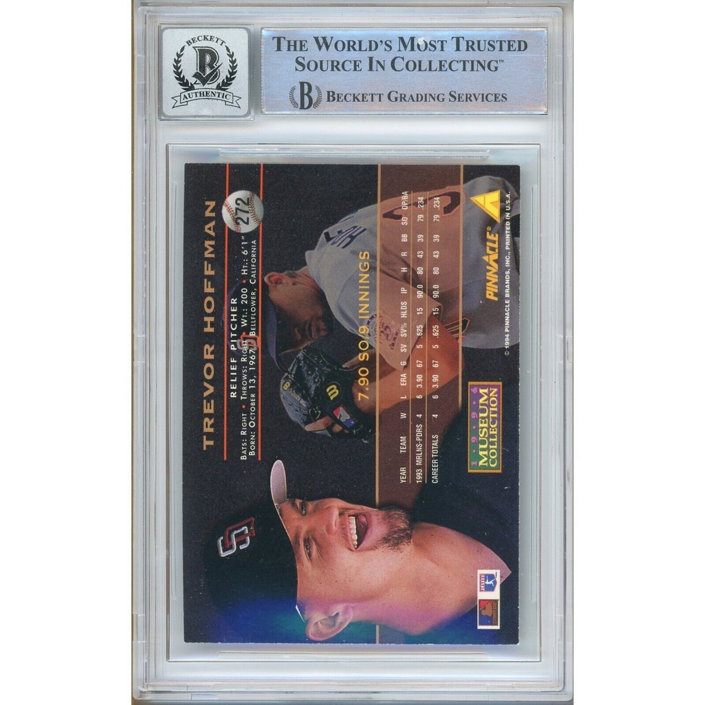 Baseballs- Autographed- Trevor Hoffman SD Padres Signed 1994 Pinnacle Museum Collection Trading Card Beckett Authentic BGS Auto-10 Graded Slab Back