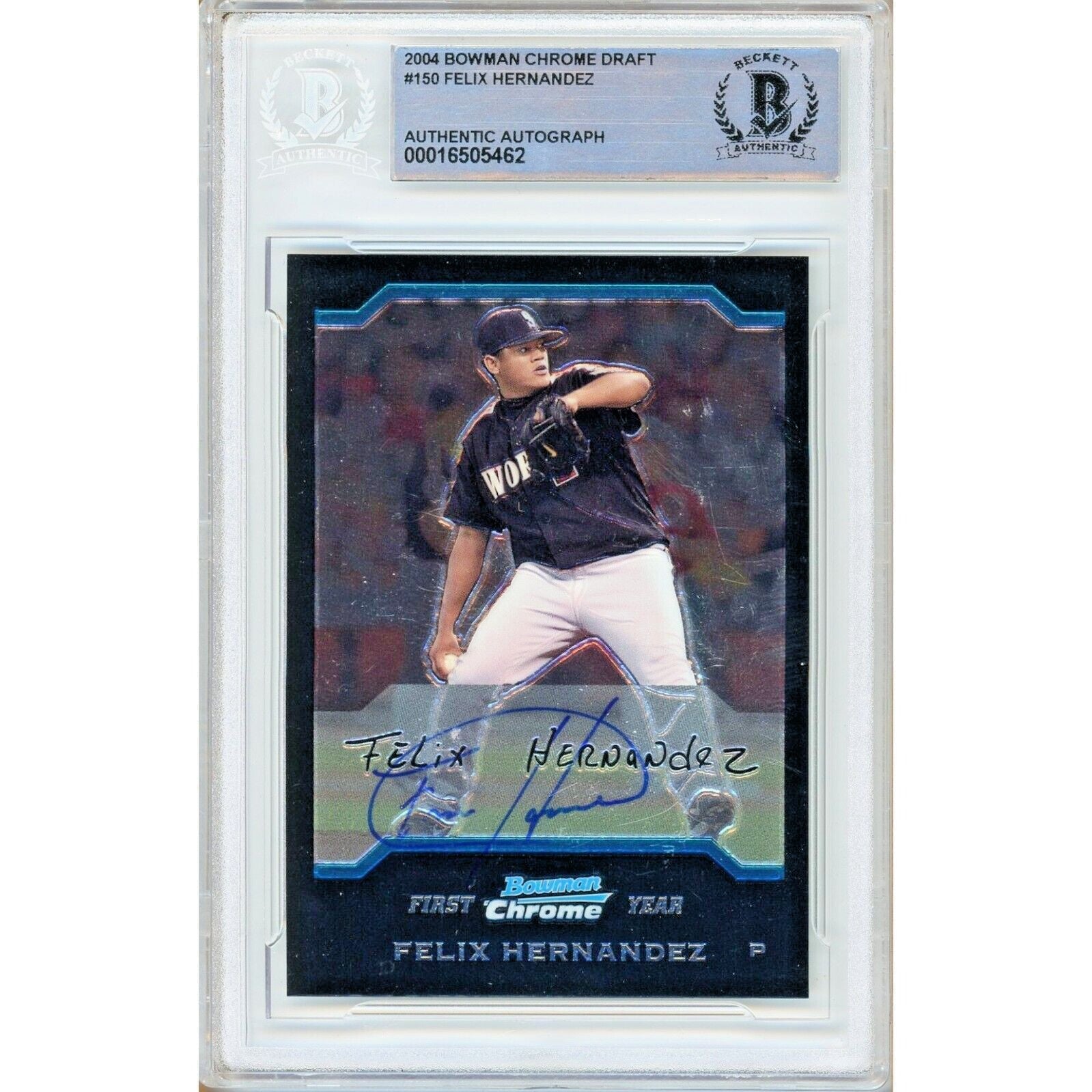 Baseballs- Autographed- Felix Hernandez Seattle Mariners Signed 2004 Bowman Chrome Draft Rookie Baseball Card Beckett Authentic Auto Slab Front