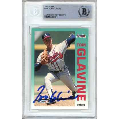 Baseballs- Autographed- Tom Glavine Atlanta Braves Signed 1992 Fleer Trading Card Beckett Authentic Auto Slab Front