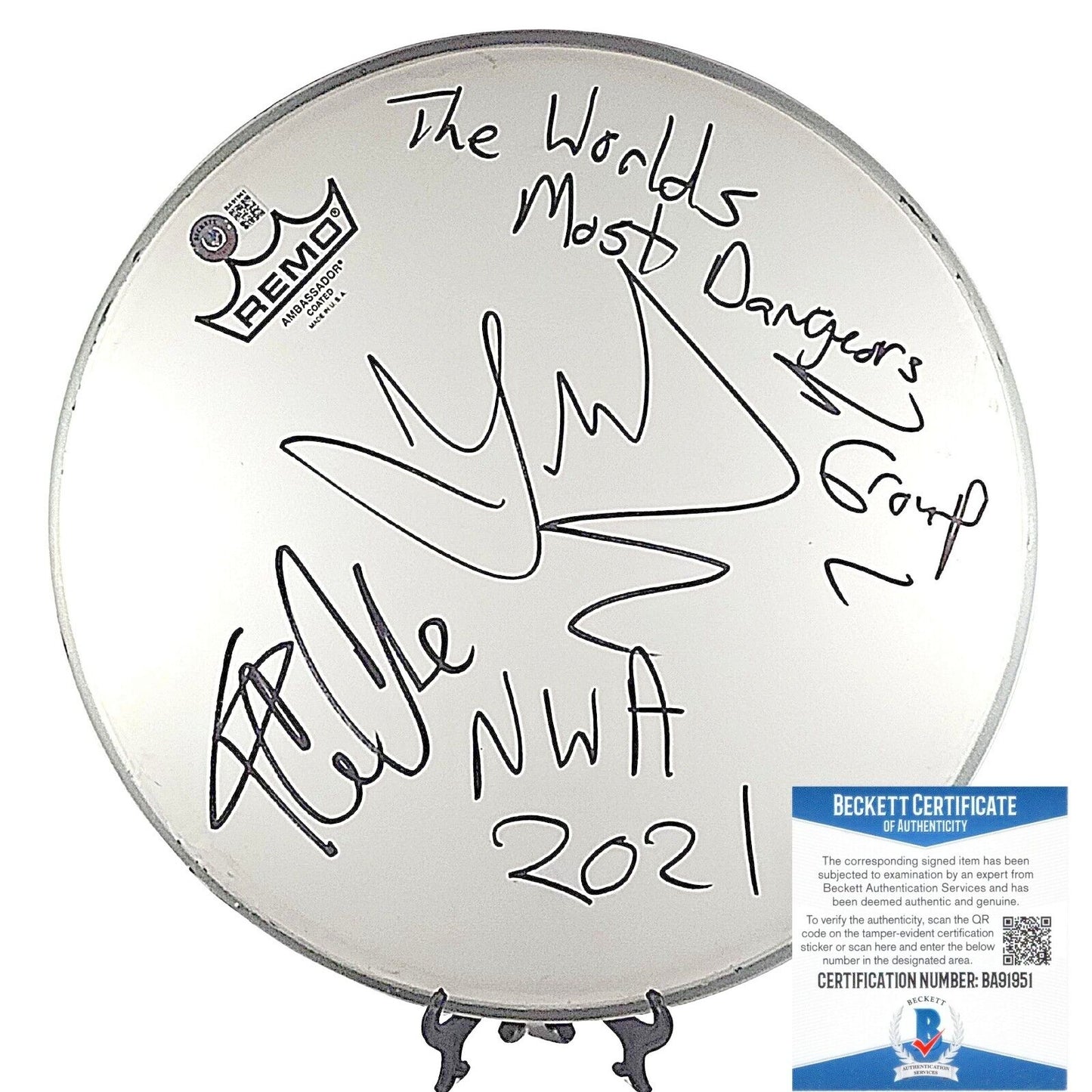 Music- Autographed- Ice Cube and DJ Yella of NWA Signed 12 Inch Remo Drum Head with The Worlds Most Dangerous Group Inscription, Beckett Authentic Auto with COA