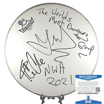 Music- Autographed- Ice Cube and DJ Yella of NWA Signed 12 Inch Remo Drum Head with The Worlds Most Dangerous Group Inscription, Beckett Authentic Auto with COA